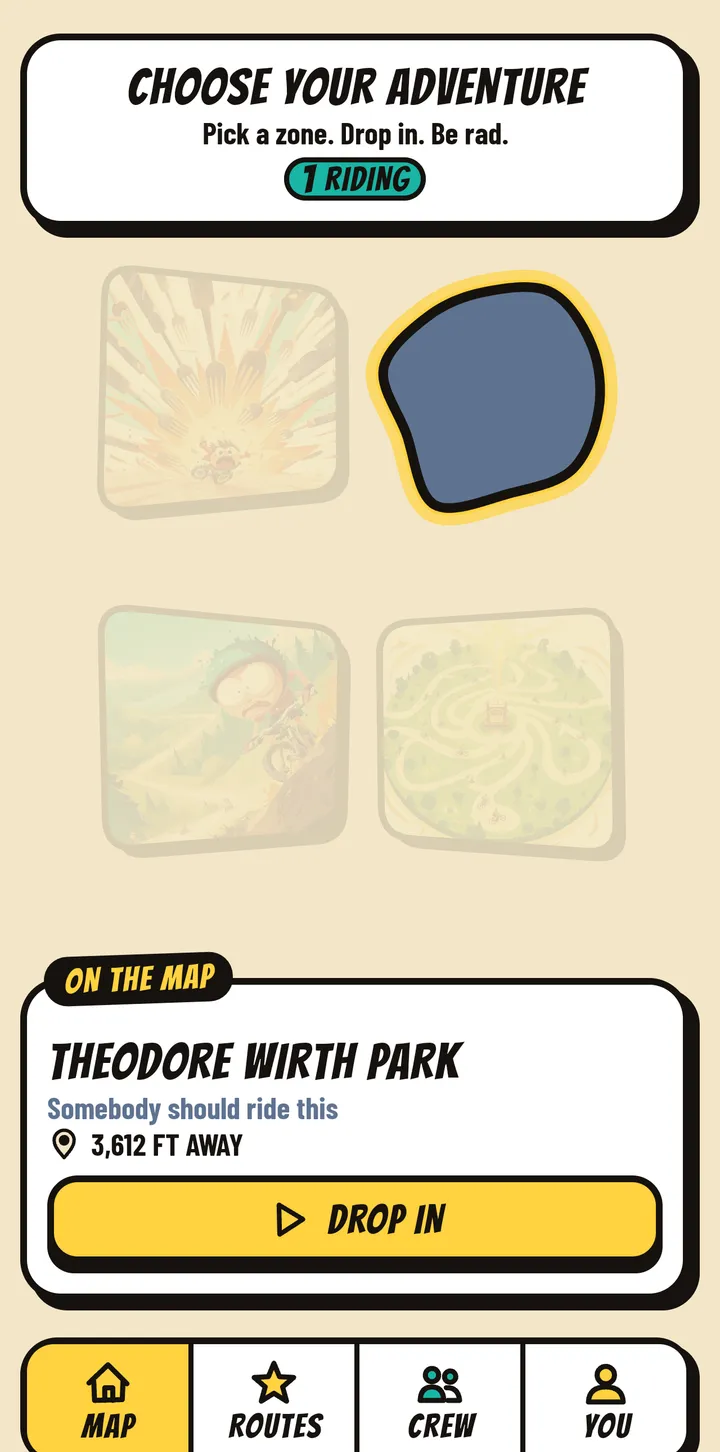 The home map where each downloaded area is a zone, with Theodore Wirth Park picked and a Drop In button