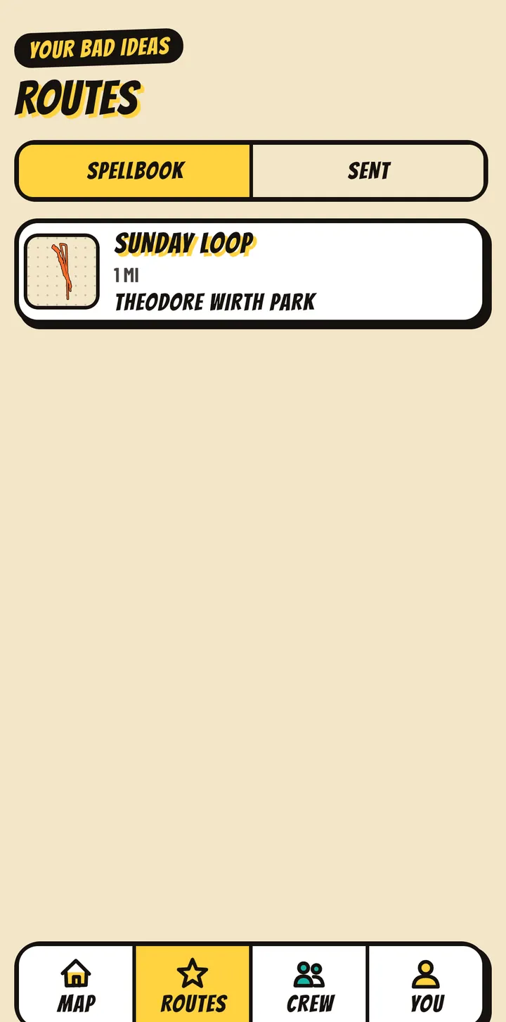 The Routes tab with a saved route called Sunday Loop and a drawn thumbnail